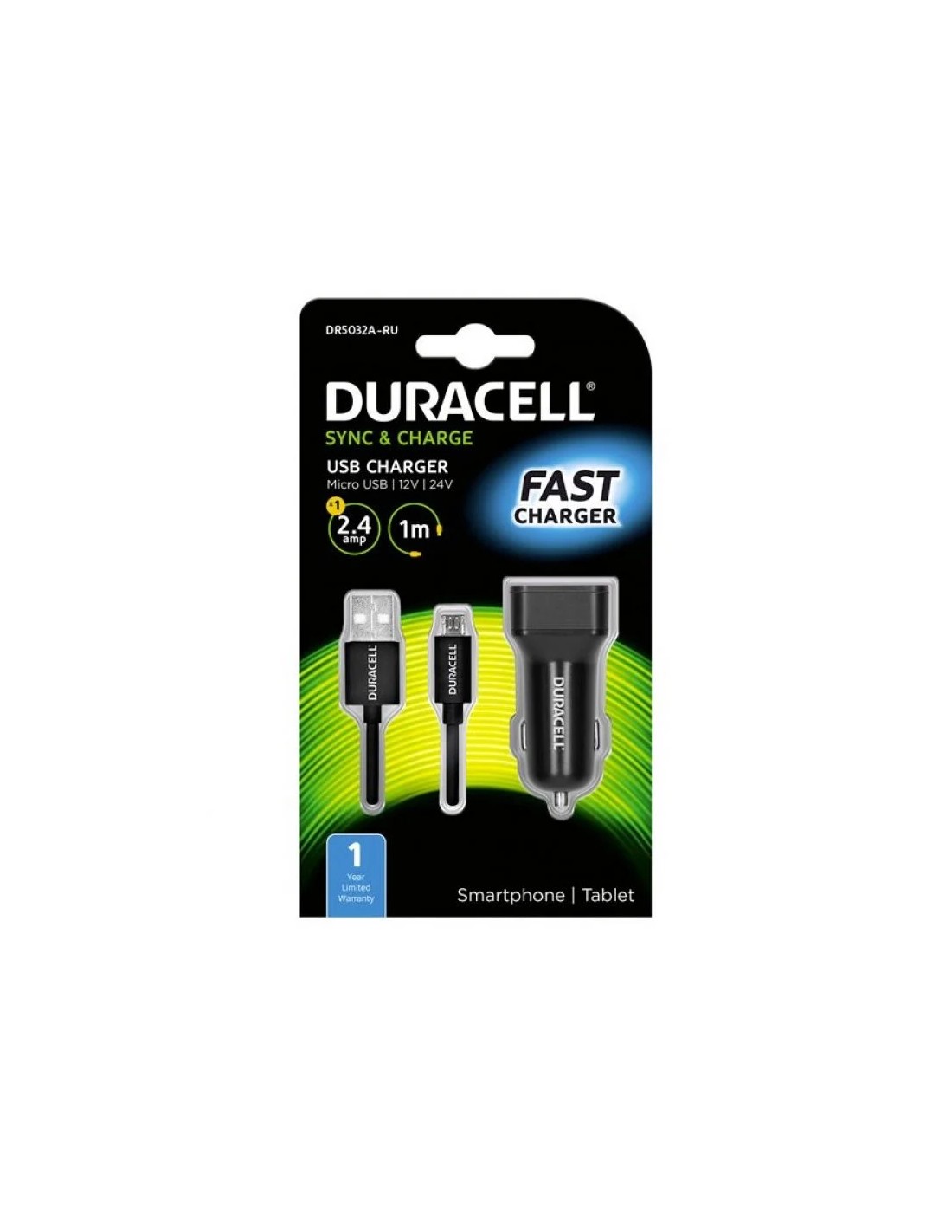 Cargador de Coche Duracell DR5032A/ USB + Cable MicroUSB/ 2.4A
