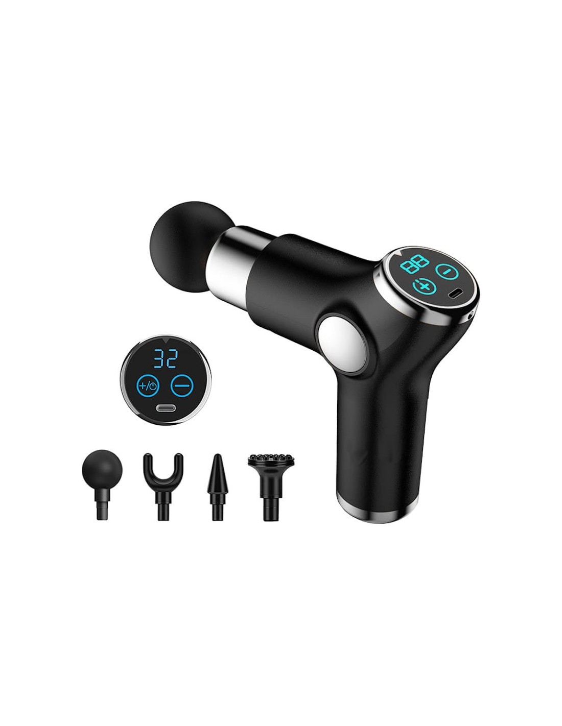 Mini Pistola de Masaje Muscular 4 Cabezales 32 Niveles Pantalla LCD
