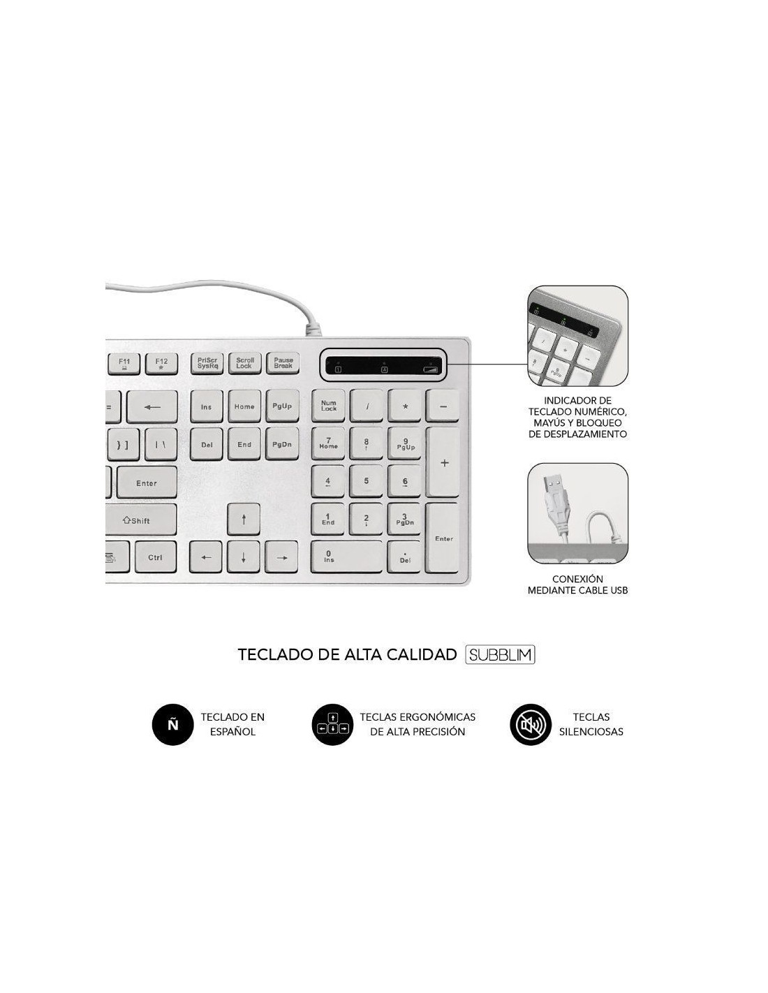 Teclado y Ratón Subblim Combo Wired Ergo Keys Silent Flat HQ/ Plata y Blanco