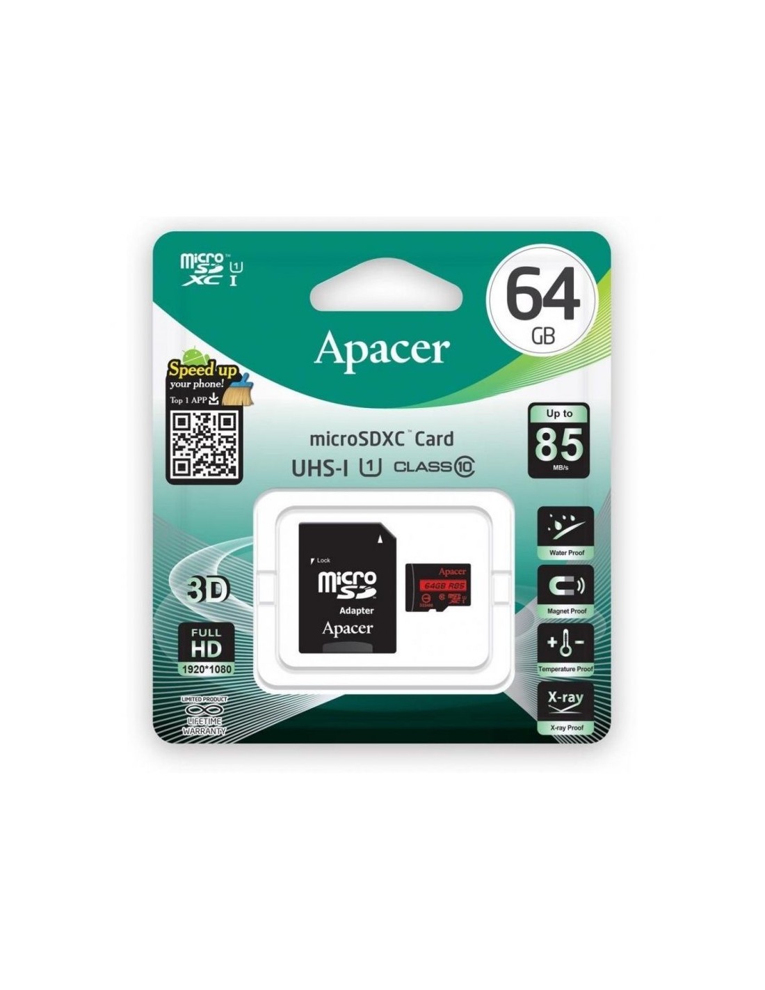 Tarjeta de Memoria Apacer 64GB XC UHS 1 con Adaptador/ Clase 10/ 85MBs