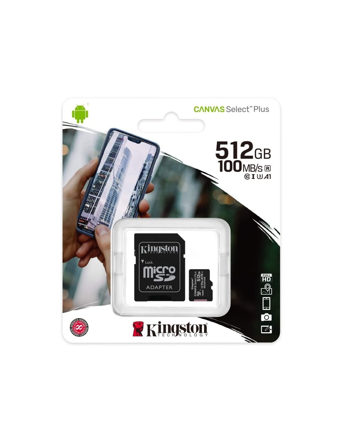 Tarjeta de Memoria Kingston CANVAS Select Plus 512GB microSD XC con Adaptador/ Clase 10/ 100MBs