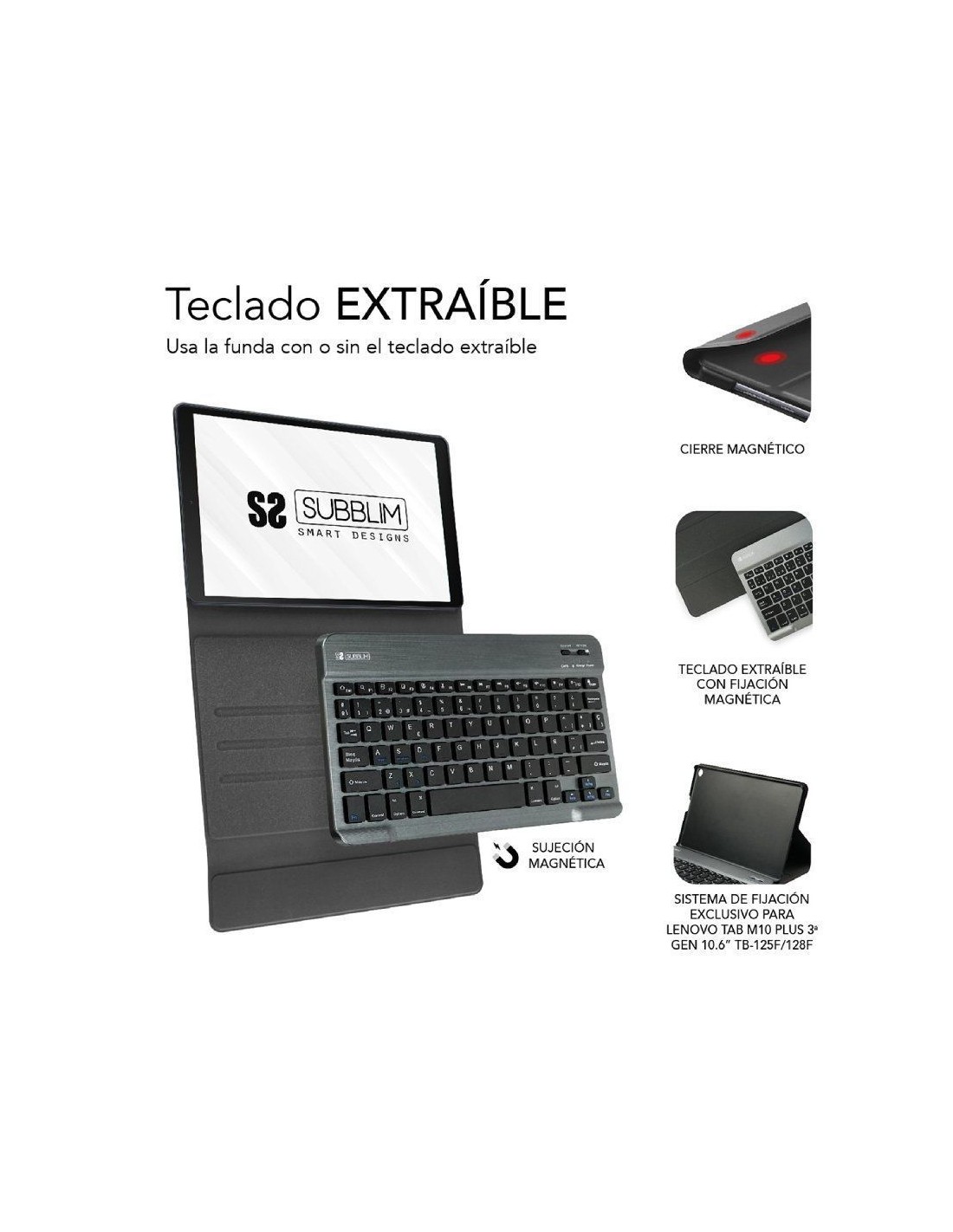 Funda con Teclado Subblim KeyTab Pro BT para Tablet Lenovo Tab M10 Plus de 10.6" 3a Gen/ Negra