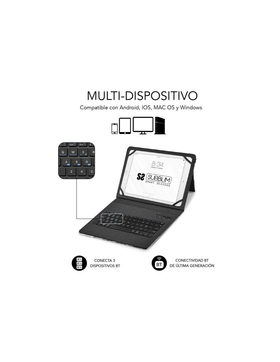 Funda con Teclado Subblim Keytab Pro Bluetooth para Tablets de 9"-11"/ Marmol Blanco