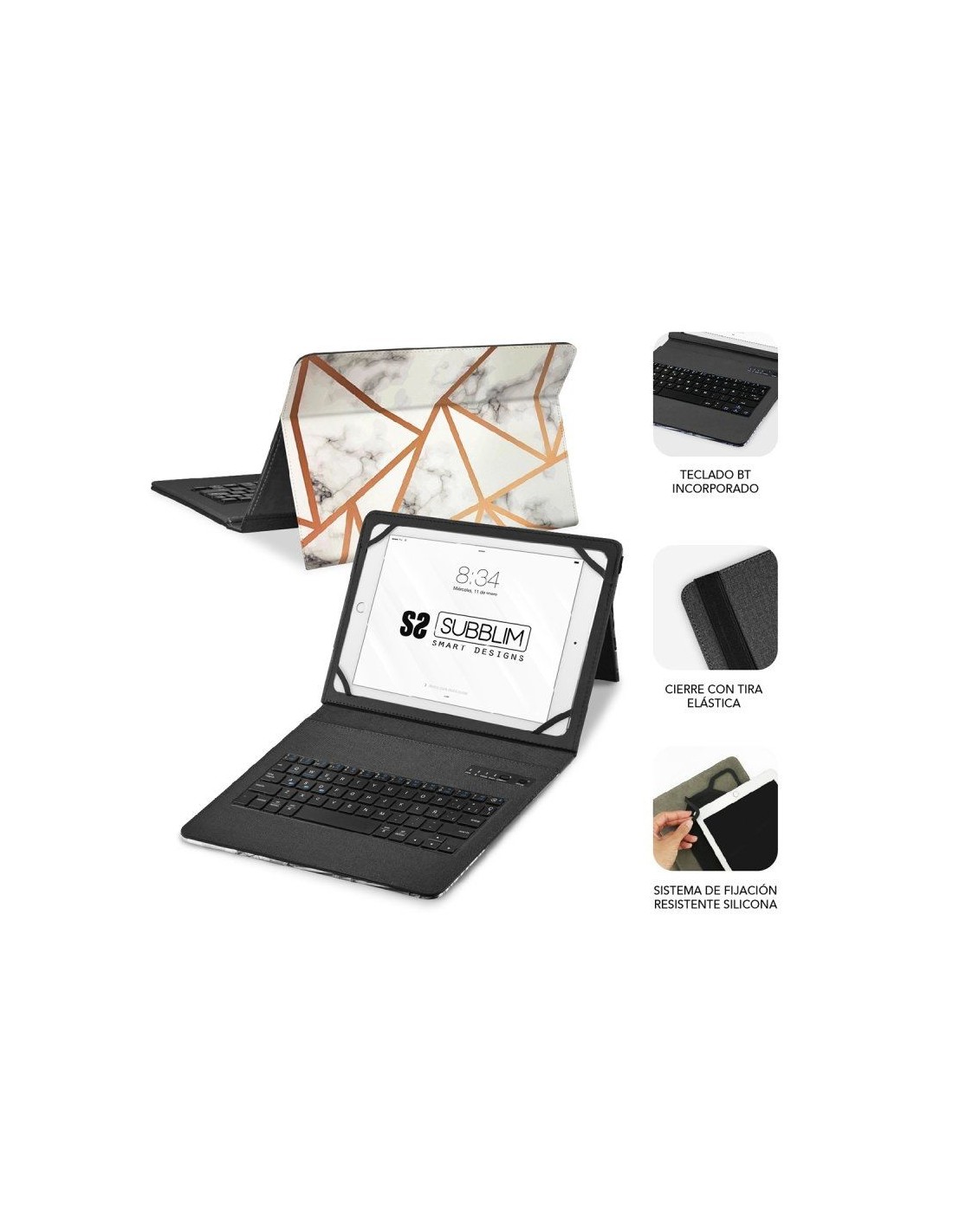 Funda con Teclado Subblim Keytab Pro Bluetooth para Tablets de 9"-11"/ Marmol Blanco