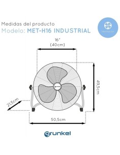 Ventilador de Suelo Industrial Grunkel MET-H16INDUSTRIAL/ 90W/ 3 Aspas 40cm/ 3 Velocidades 2