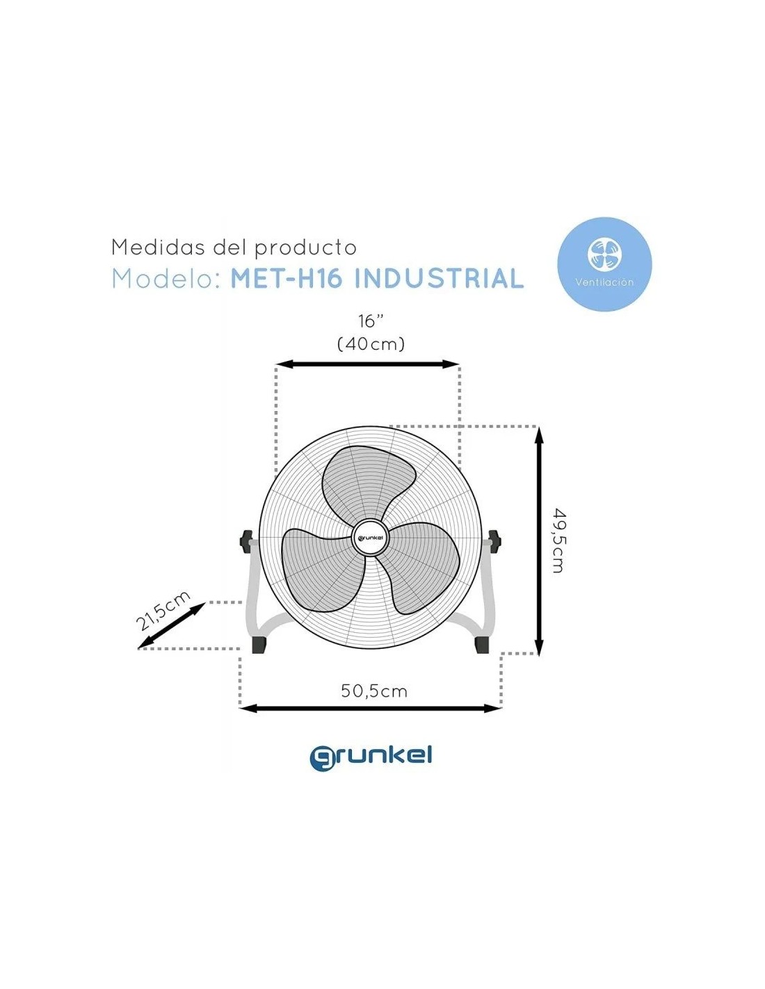 Ventilador de Suelo Industrial Grunkel MET-H16INDUSTRIAL/ 90W/ 3 Aspas 40cm/ 3 Velocidades