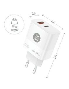 Cargador Gan de Pared Tech One Tech GaN PD TEC2273 / 1xUSB Tipo-C/ 1x USB/ 65W 2