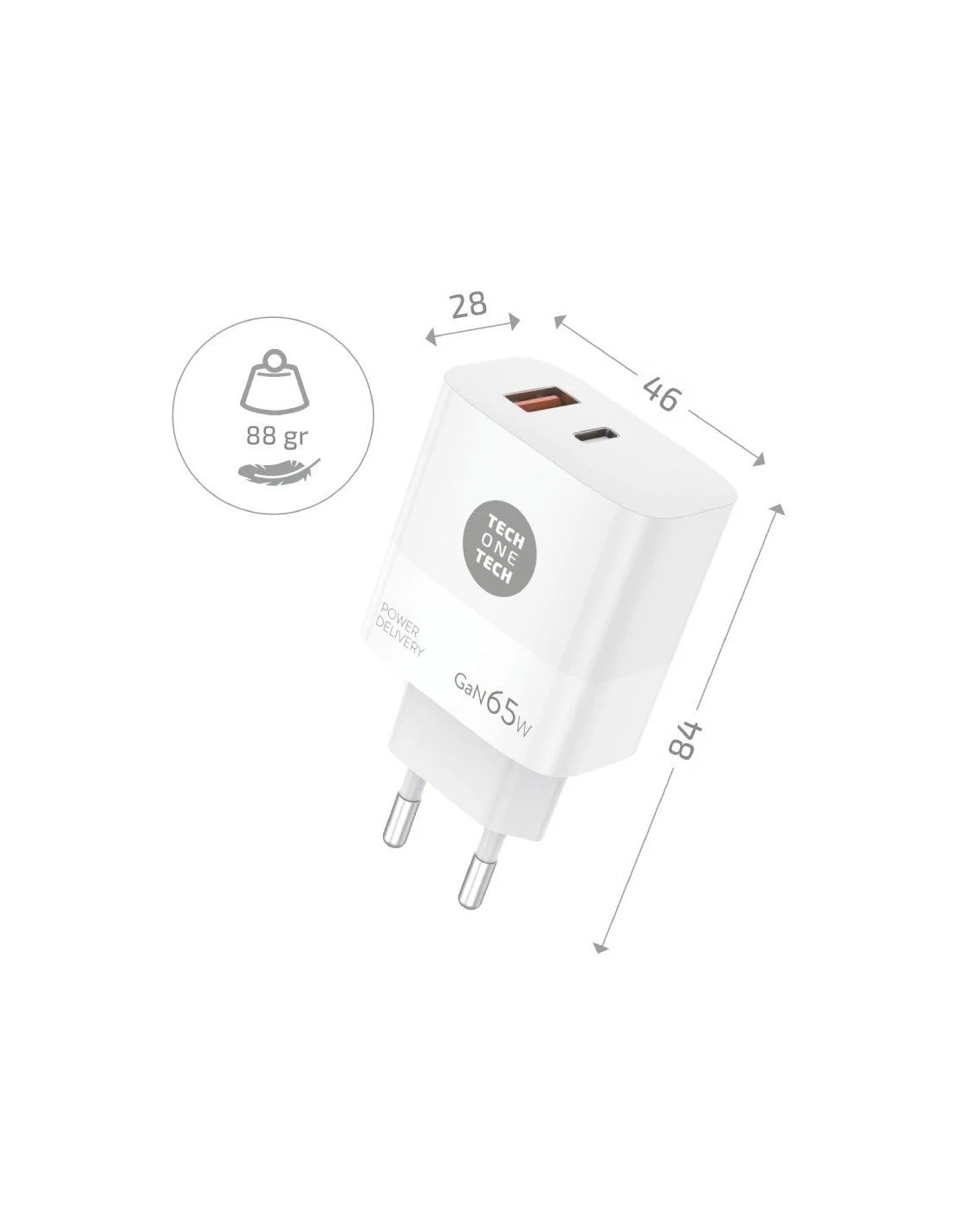 Cargador Gan de Pared Tech One Tech GaN PD TEC2273 / 1xUSB Tipo-C/ 1x USB/ 65W