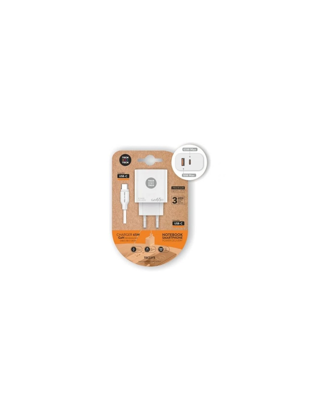 Cargador Gan de Pared Tech One Tech GaN PD TEC2273 / 1xUSB Tipo-C/ 1x USB/ 65W