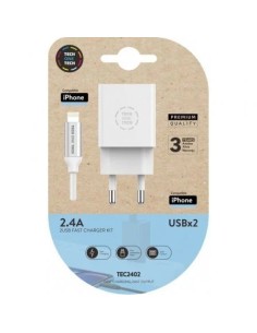 Cargador de Pared Tech One Tech TEC2402/ 2xUSB + Cable Lightning/ 2.4A/ Blanco
