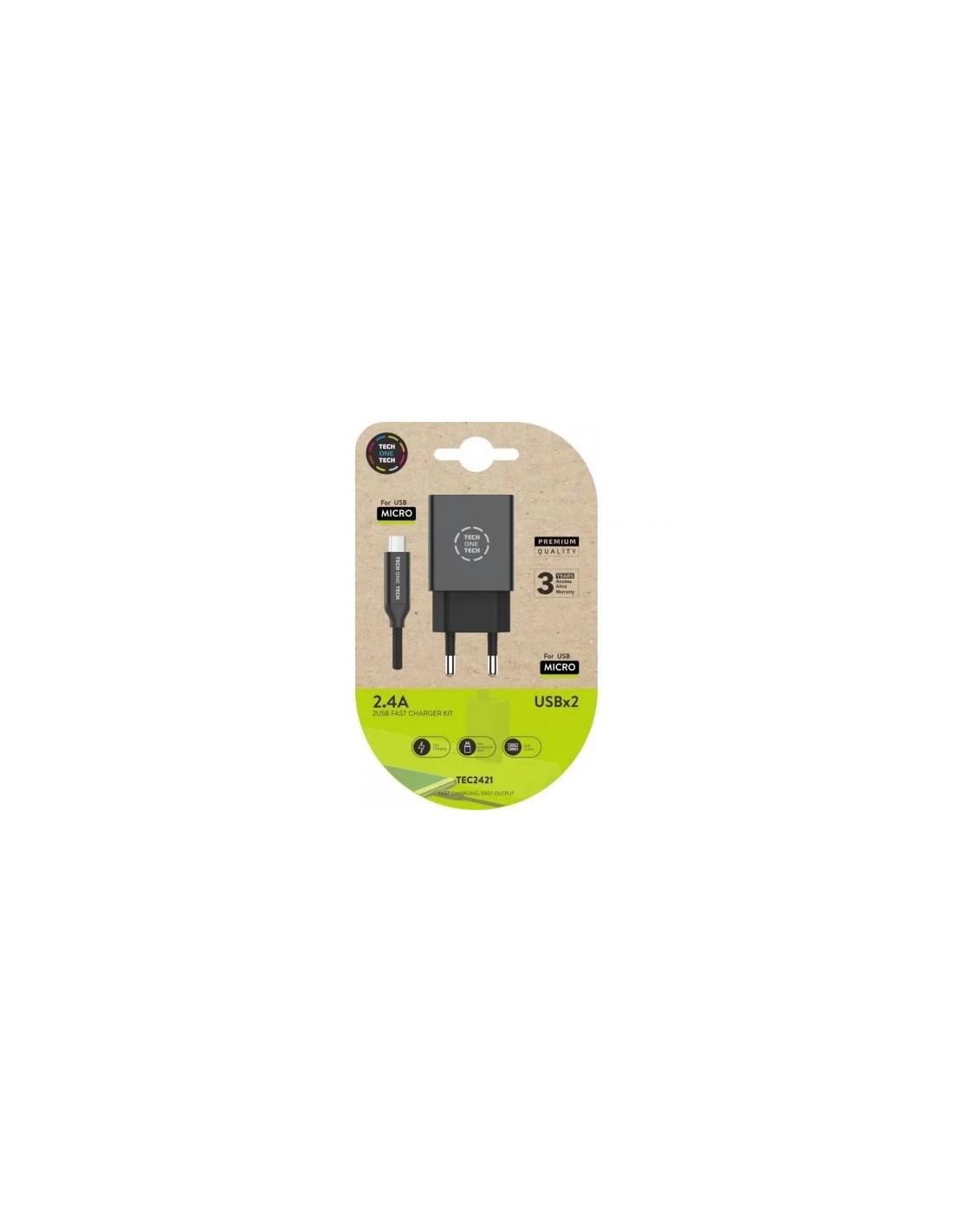 Cargador de Pared Tech One Tech TEC2421/ 2xUSB + Cable Micro USB/ 2.4A/ Negro