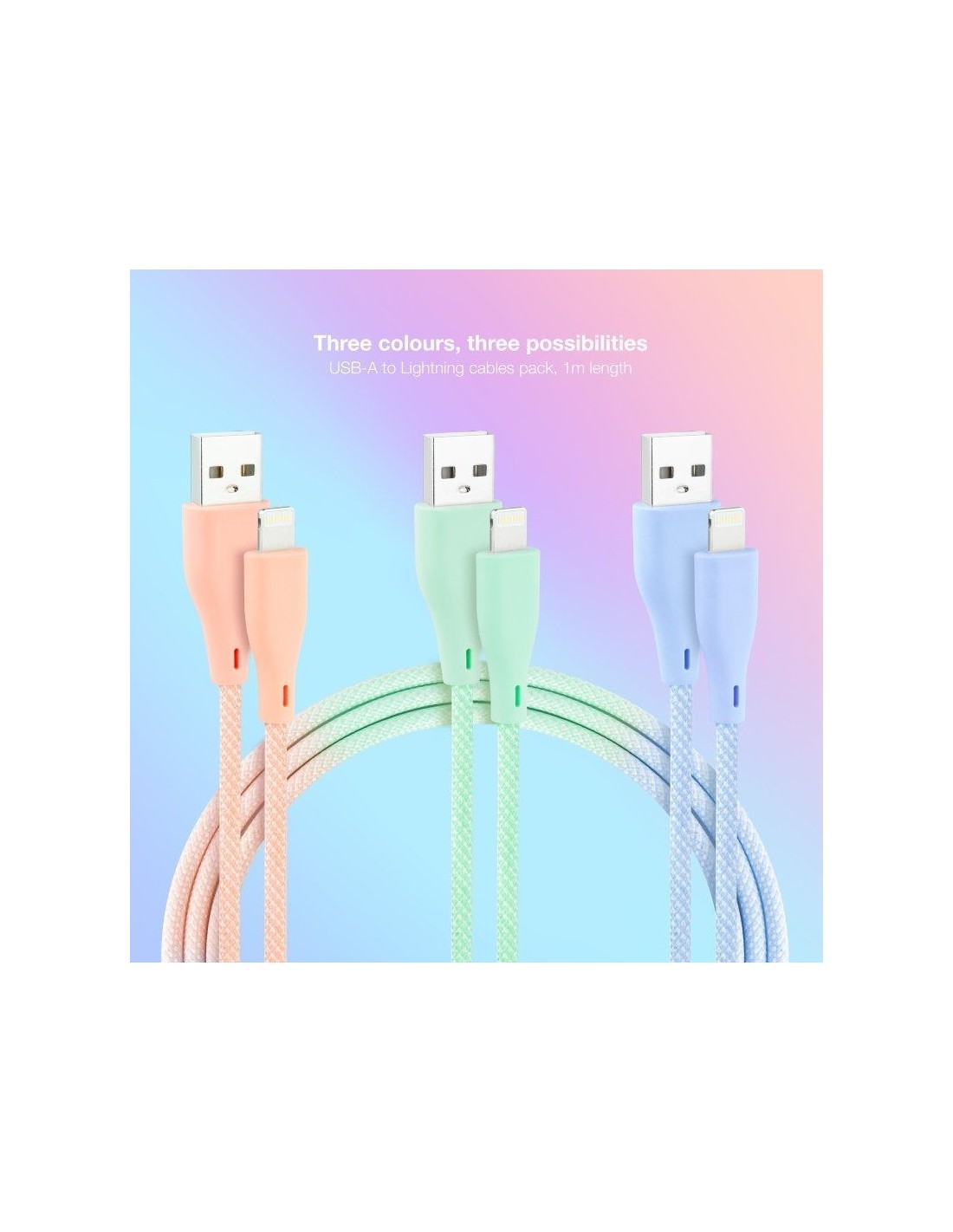 Cables USB 2.0 Lightning Nanocable 10.10.0401-CO1/ USB Macho - Lightning Macho/ 1m/ 3 Unidades/ Rosa, Azul y Verde