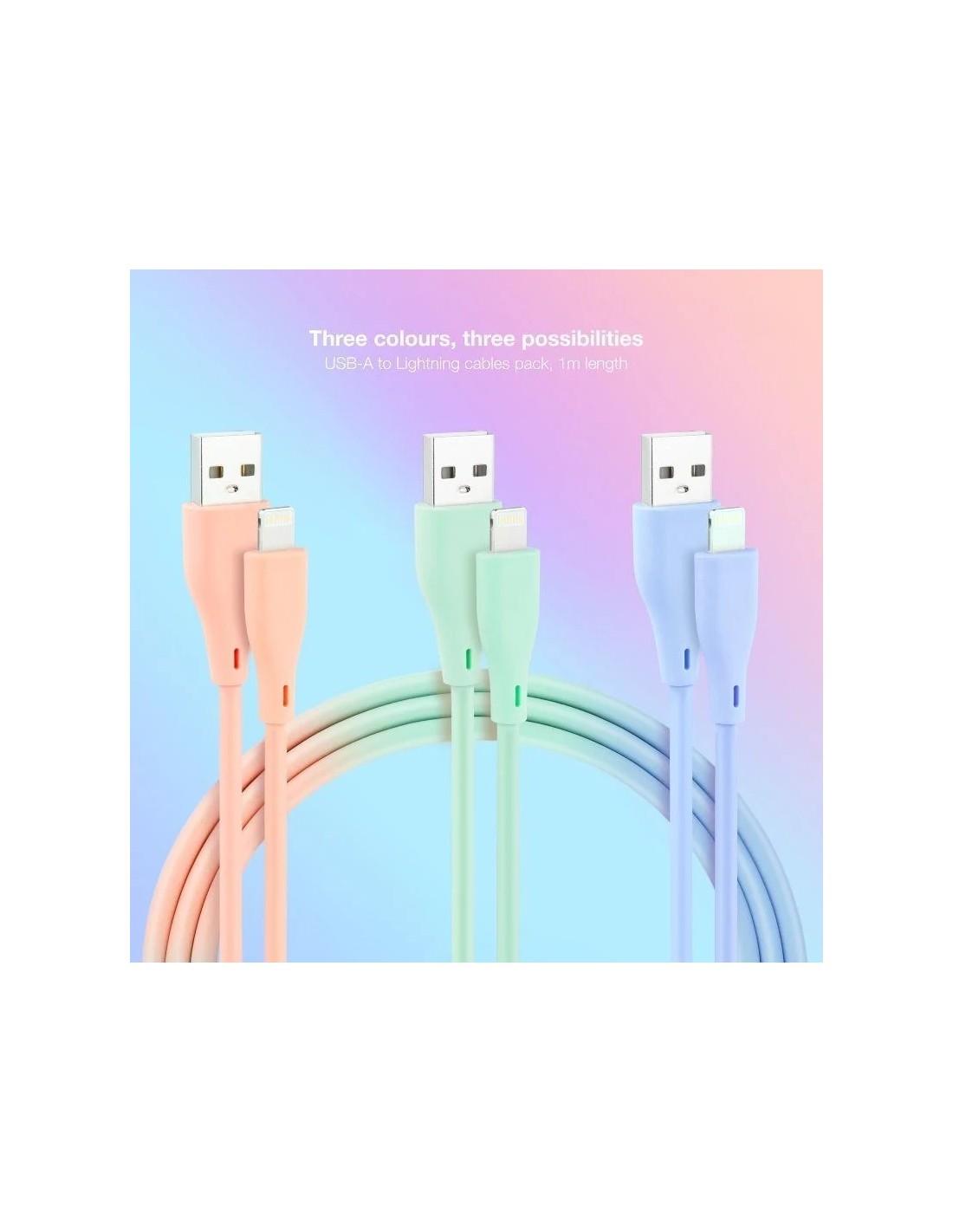 Cables USB 2.0 Lightning Nanocable 10.10.0401-A1/ USB Macho - Lightning Macho/ 1m/ 3 Unidades/ Rosa, Azul y Verde