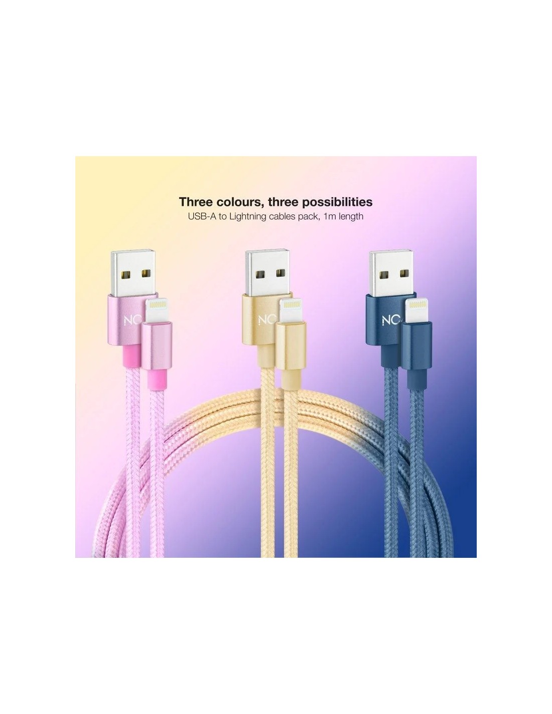 Cables USB 2.0 Lightning Nanocable 10.10.0401-CO2/ USB Macho - Lightning Macho/ 1m/ 3 Unidades/ Rosa, Dorado, Azul Pacífico