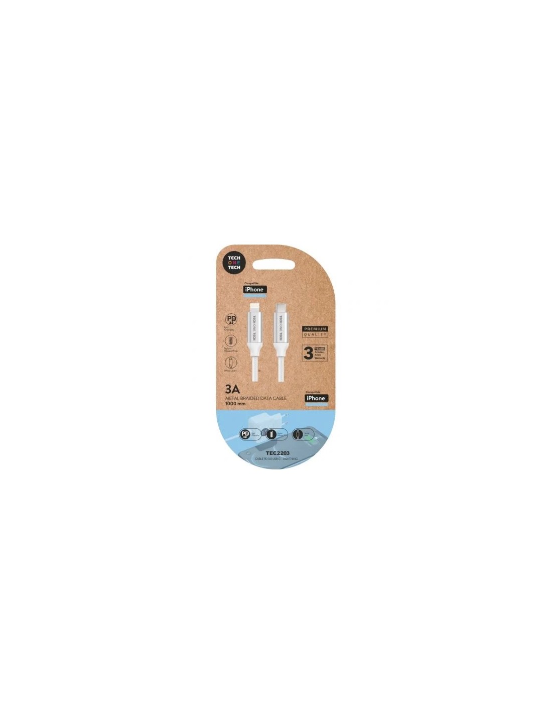 Cable Lightning Tech One Tech TEC2203/ Lightning Macho - USB Tipo-C Macho/ 1m/ Blanco