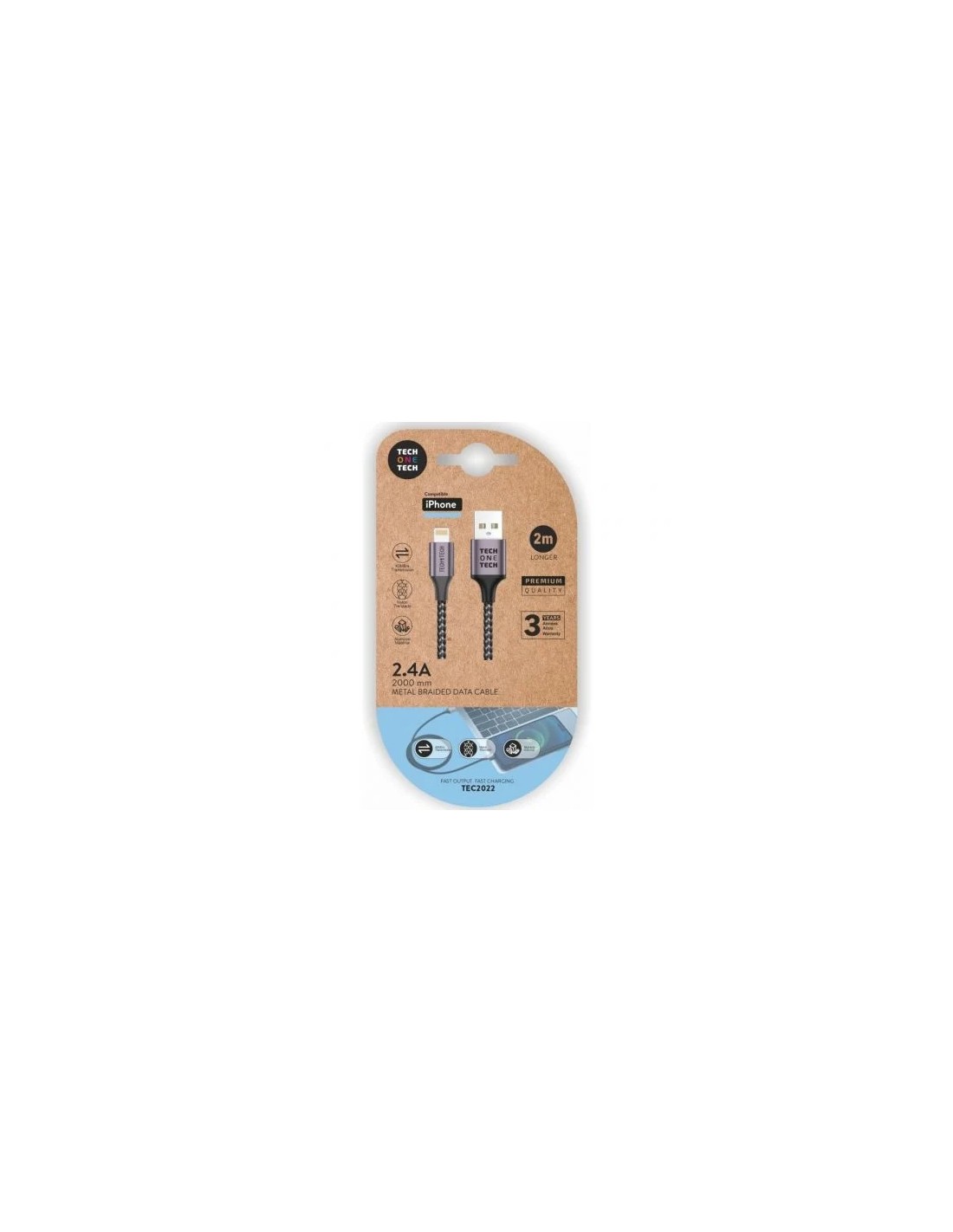 Cable USB 2.0 Tech One Tech TEC2022/ USB Macho - Lightning Macho/ 2m/ Gris