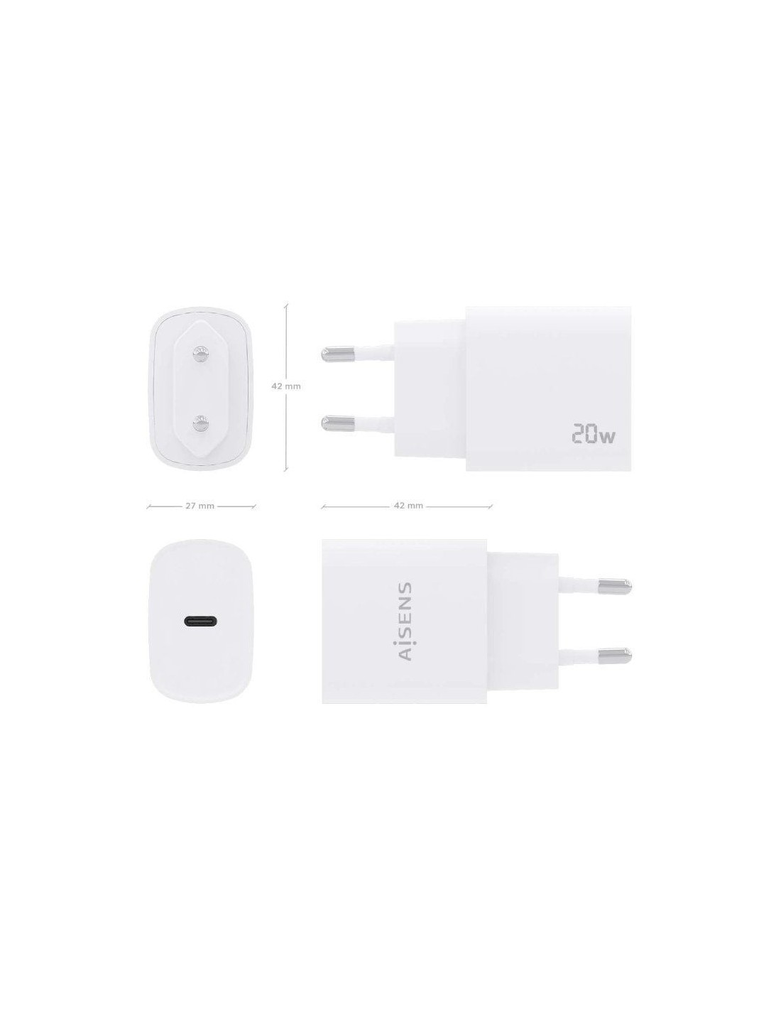 Cargador de Pared Aisens A110-0752/ 1xUSB Tipo-C/ 20W