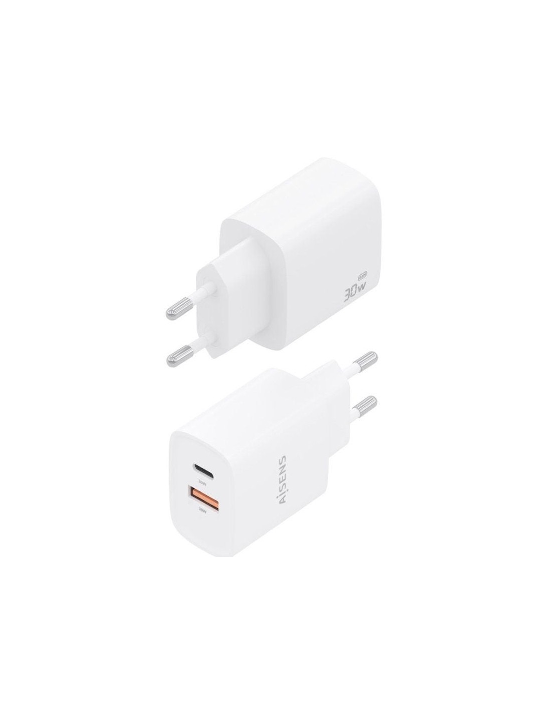 Cargador de Pared GaN Aisens A110-0952/ 1xUSB Tipo-C/ 1xUSB/ 30W/ Blanco