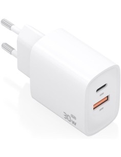 Cargador de Pared GaN Aisens A110-0952/ 1xUSB Tipo-C/ 1xUSB/ 30W/ Blanco
