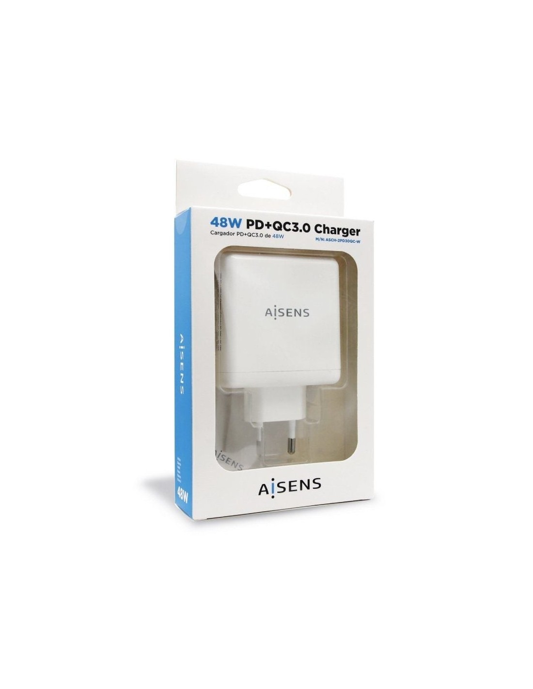 Cargador de Pared Aisens ASCH-2PD30QC-W/ 1xUSB Tipo-C/ 1x USB/ 48W