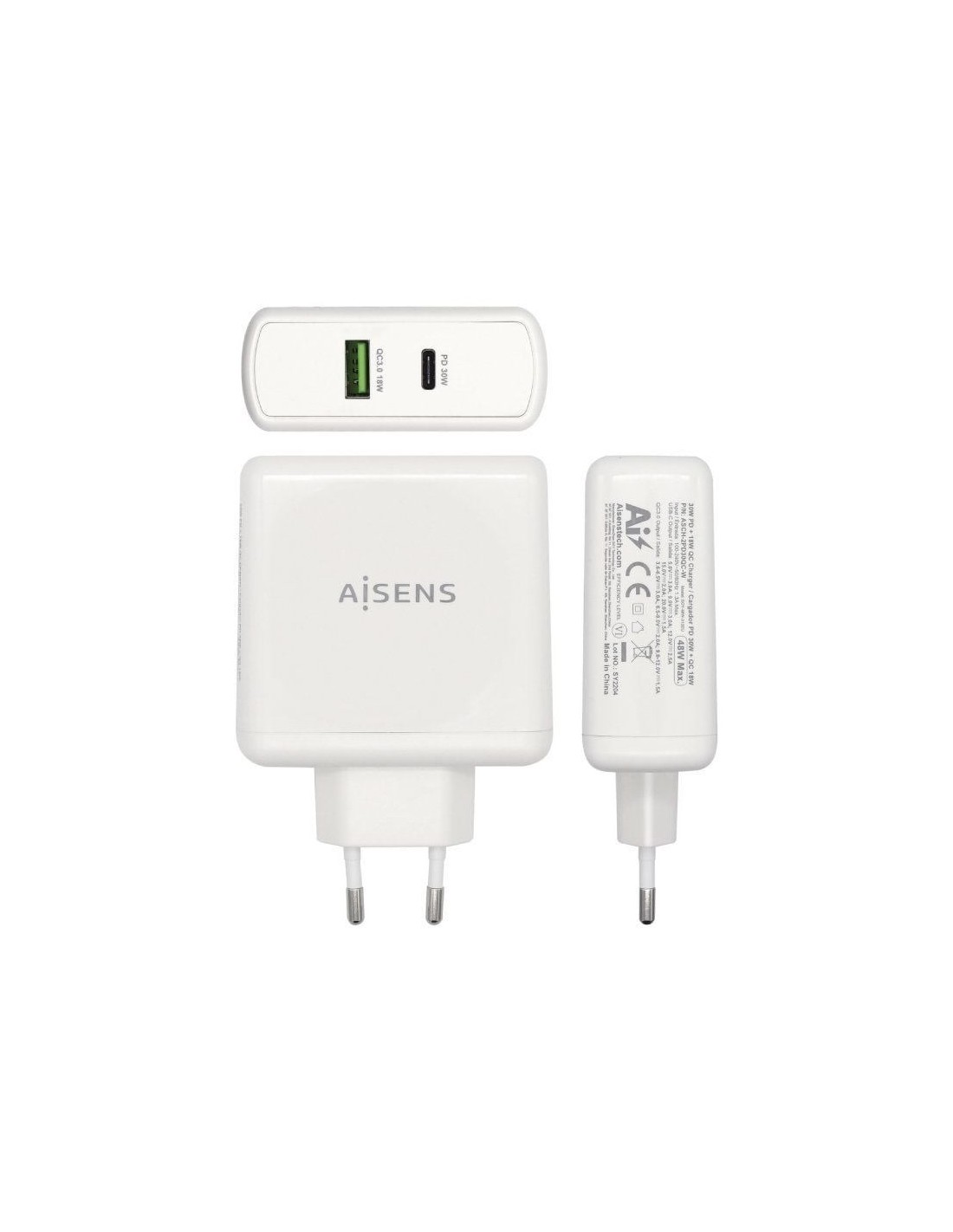 Cargador de Pared Aisens ASCH-2PD30QC-W/ 1xUSB Tipo-C/ 1x USB/ 48W
