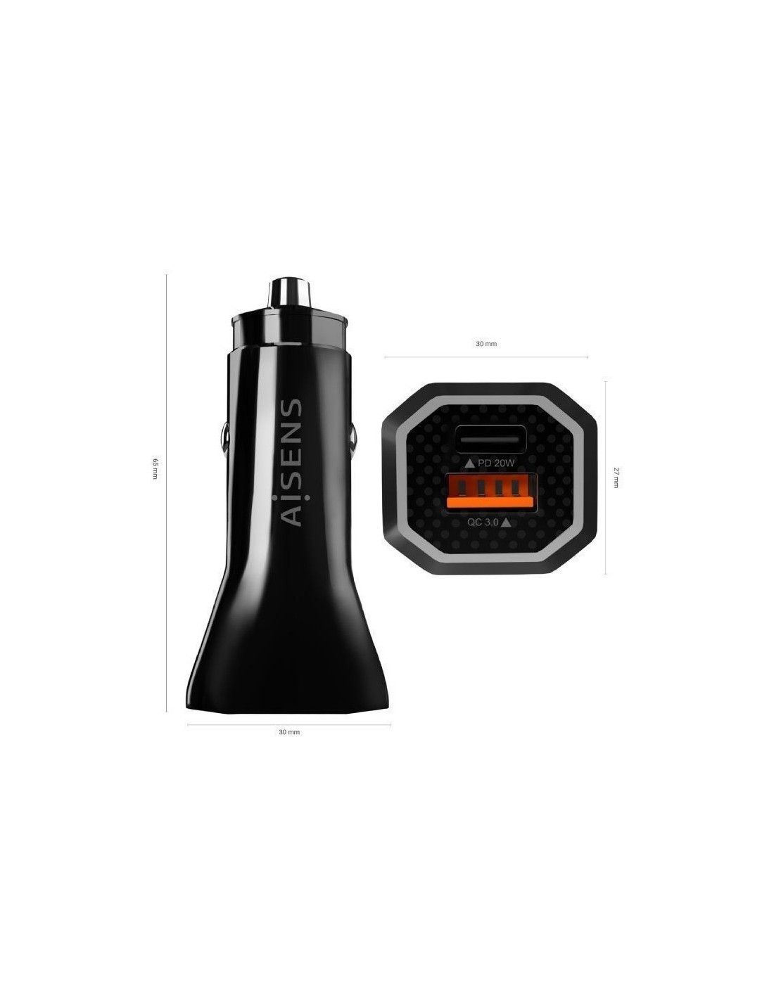 Cargador de Coche Aisens ASCH-CAR2PQC-BK/ 1xUSB-Tipo C/ 1xUSB/ 38W