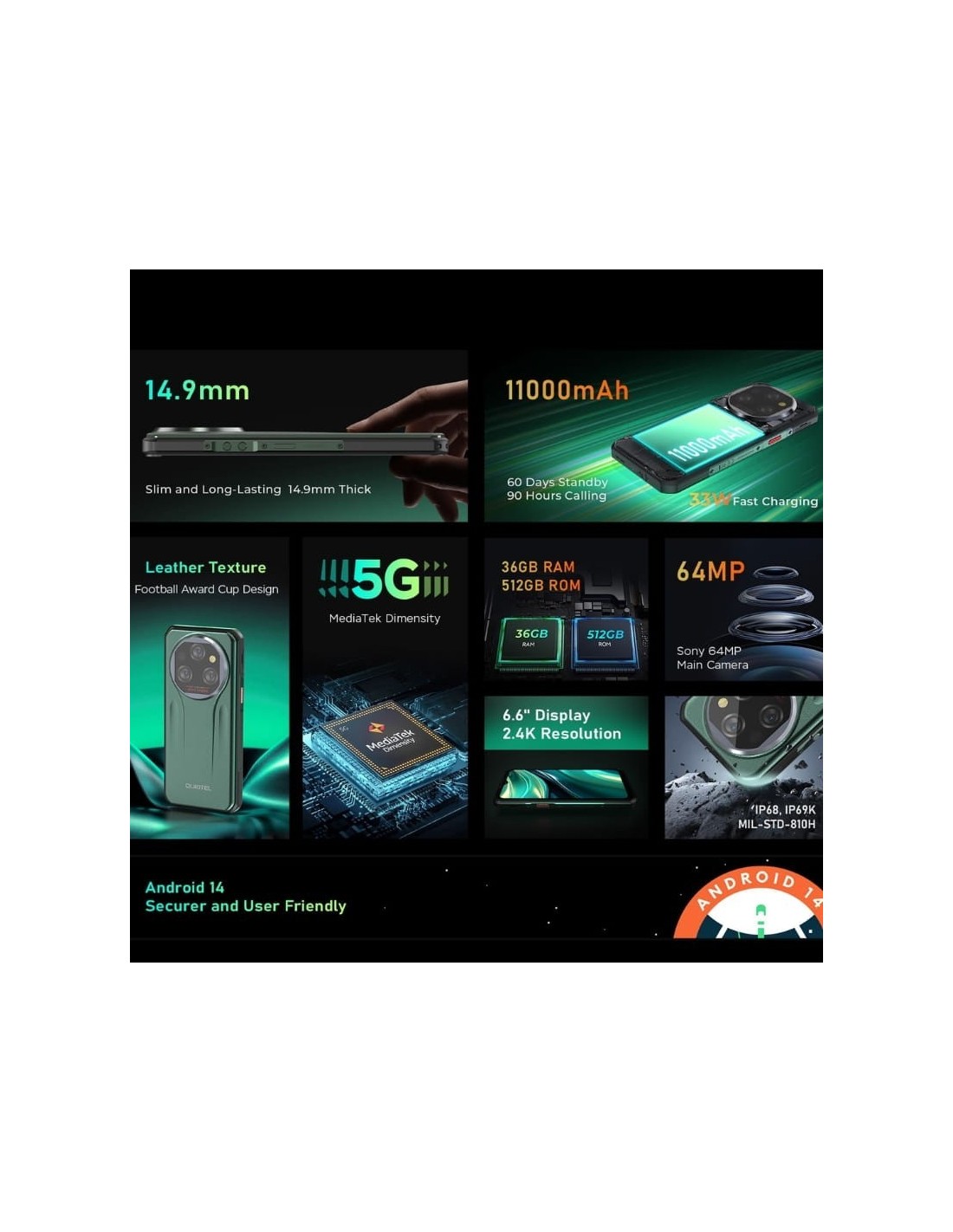 Oukitel WP39 Pro 5G 12GB 512GB Dorado Rugged 11000mAh Wi-Fi 6