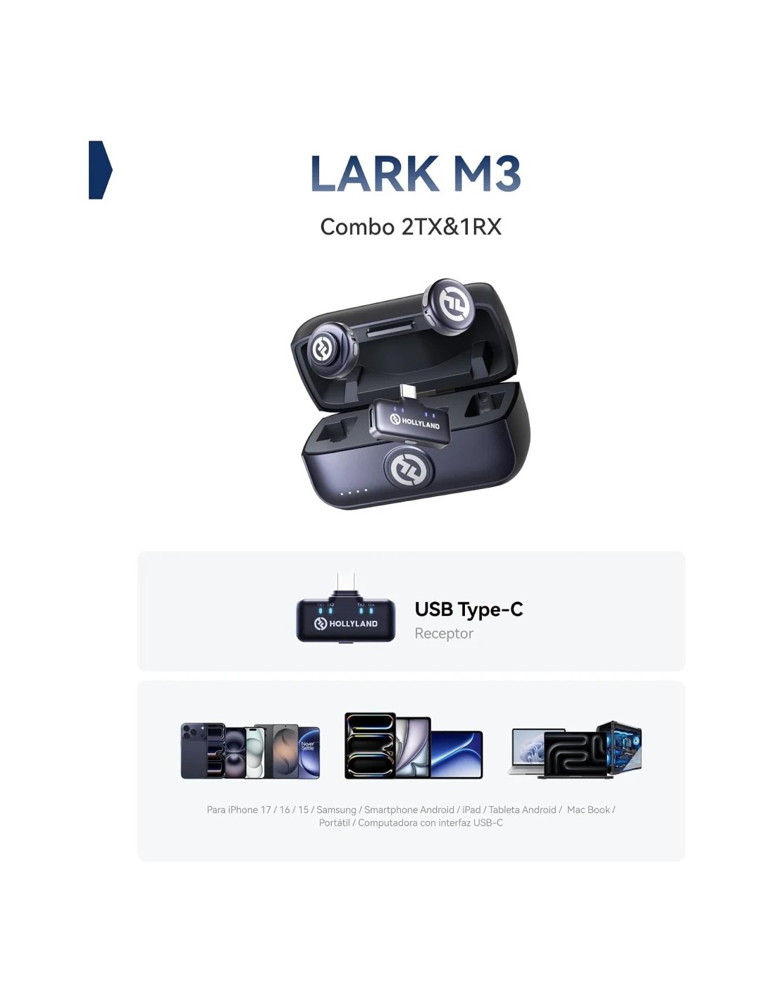 Micrófono inalámbrico Hollyland Lark M3 Combo 2TX & 1RX USB-C Gris Esp
