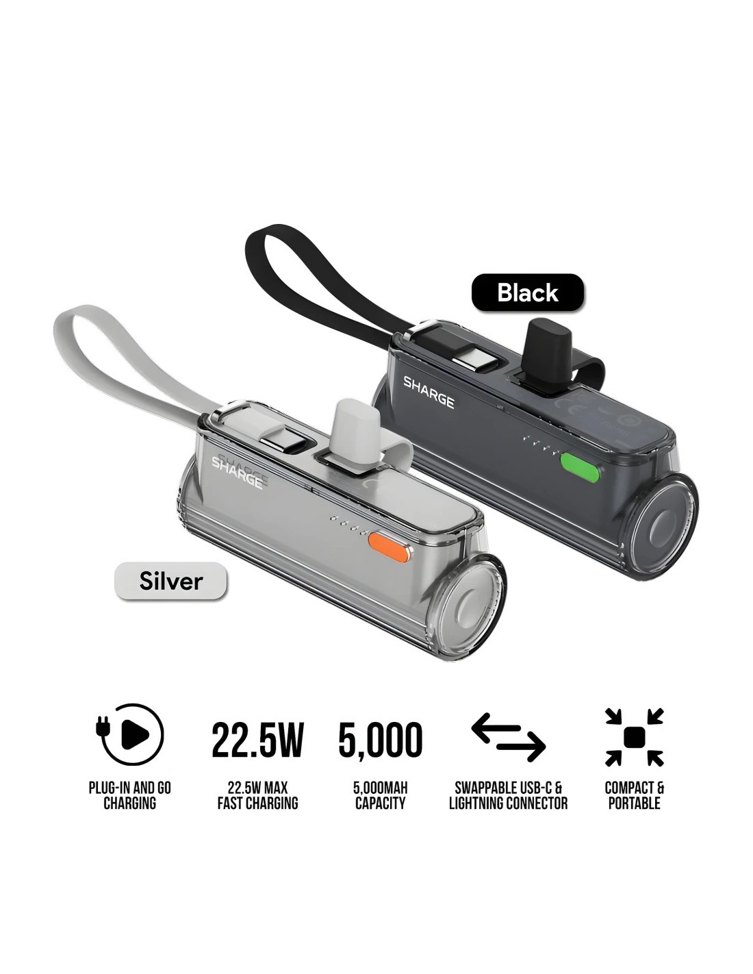 Power Bank Sharge Flow Mini Negro con cable integrado 5000mAh 22,5W US