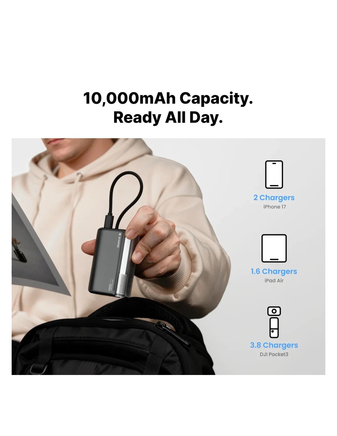 Power Bank Sharge Flow 3 con cable integrado 10000mAh 45W USB-C