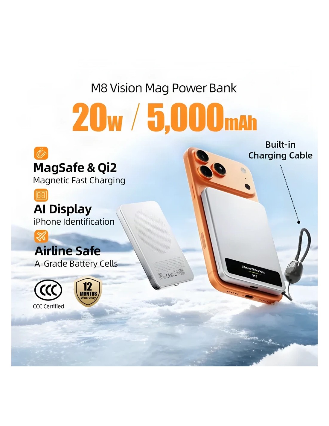 Power Bank Sharge Smart Magnetic M8 Plata 5000mAh 15W MagSafe Qi2
