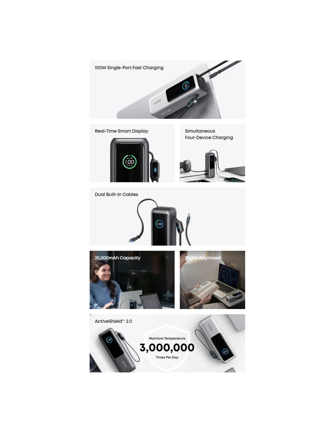 Power Bank Anker Laptop Plata con cable integrado 25000mAh 165W USB-C