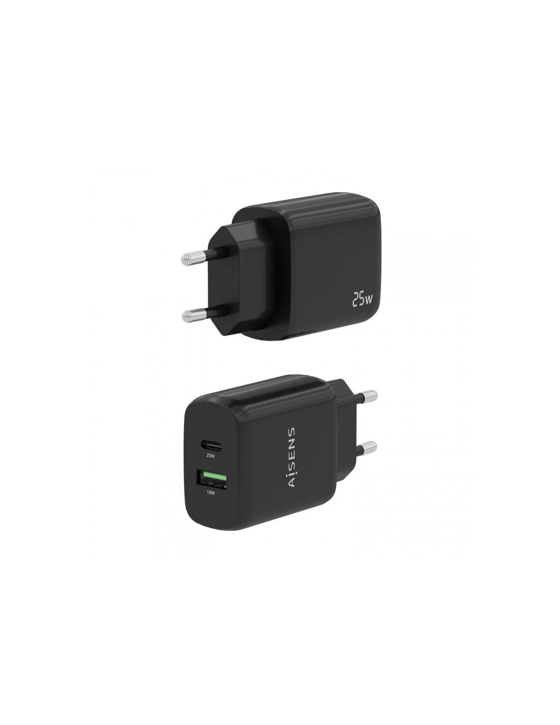 Cargador Doble de Alta Eficiencia 25W Aisens 1xUSB Tipo-C / 1xUSB Negr