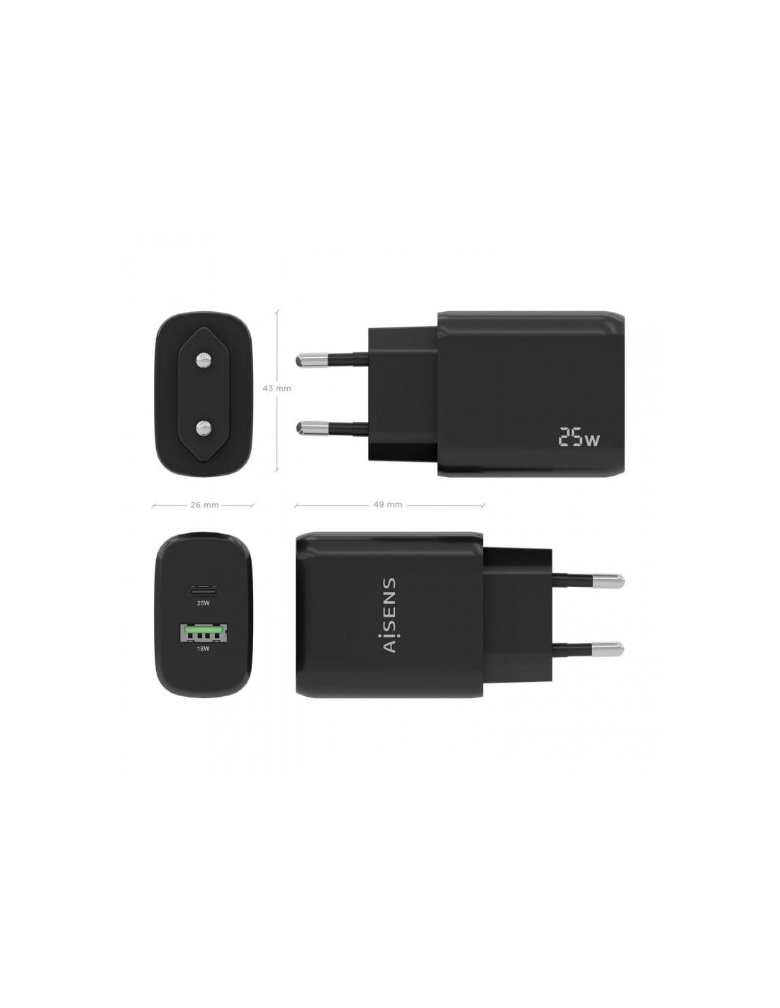 Cargador Doble de Alta Eficiencia 25W Aisens 1xUSB Tipo-C / 1xUSB Negr