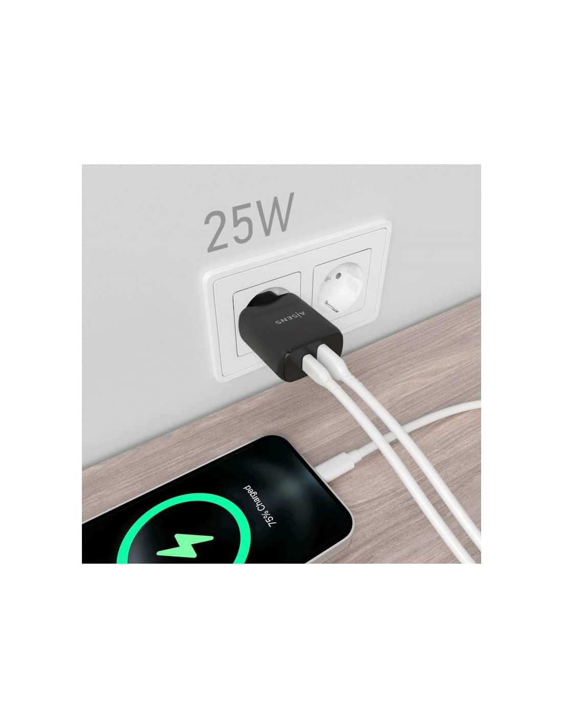 Cargador Doble de Alta Eficiencia 25W Aisens 1xUSB Tipo-C / 1xUSB Negr