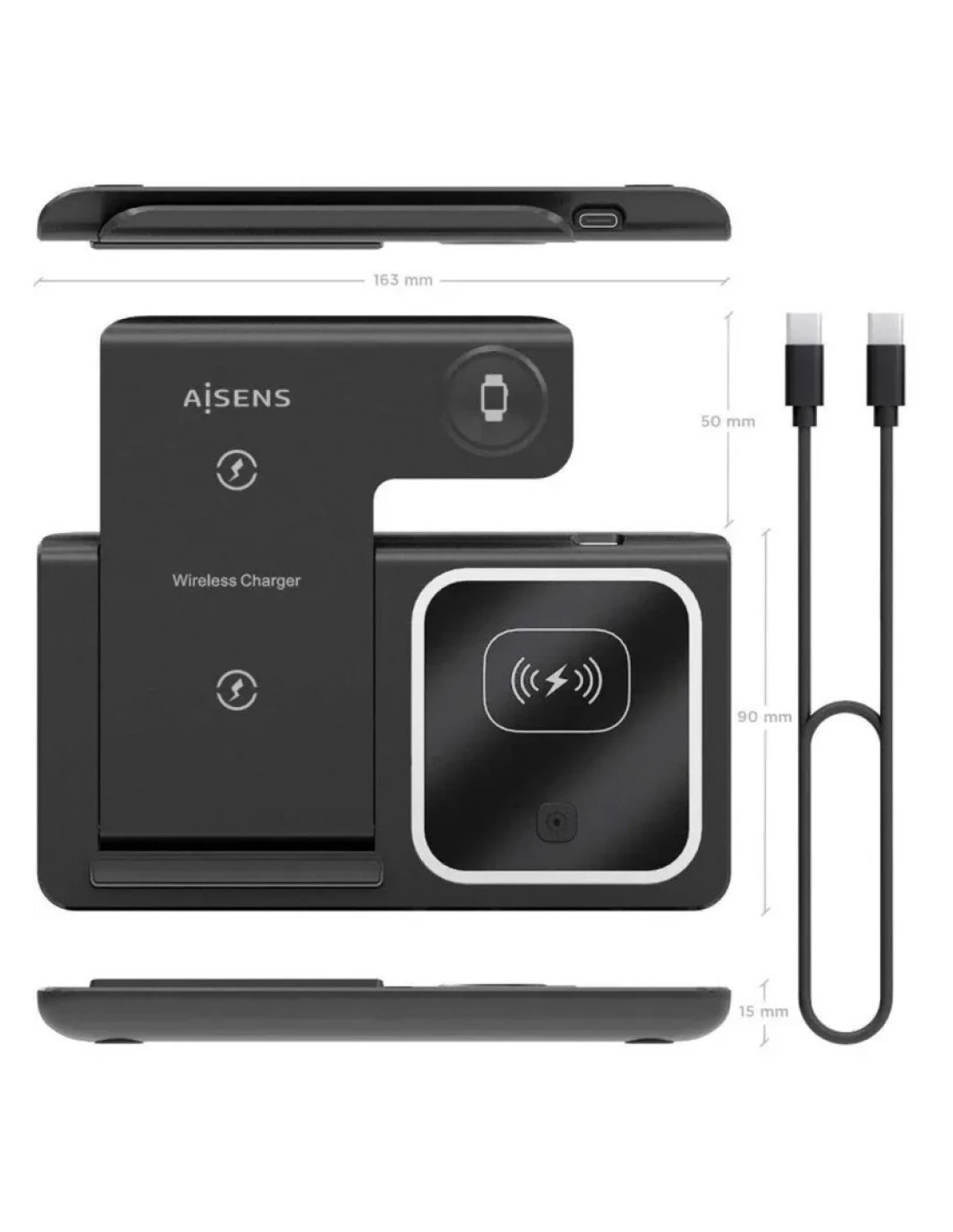Aisens ASCH-15BK3BKC043-BK 3 en 1 Qi 15BK Plegable Negro - Base de car