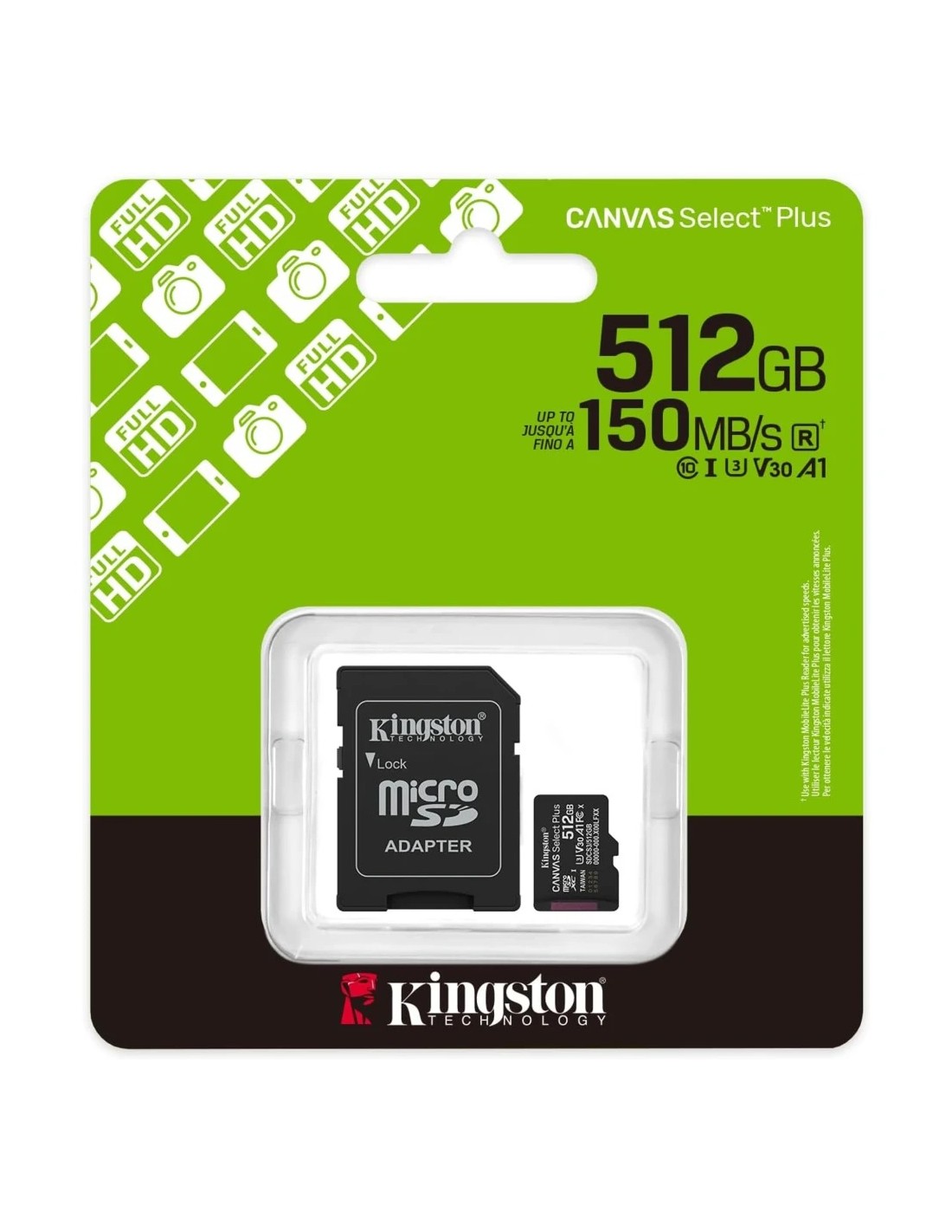 Tarjeta microSD Kingston Canvas Select Plus 512GB 150MB/s U3 V30 A1