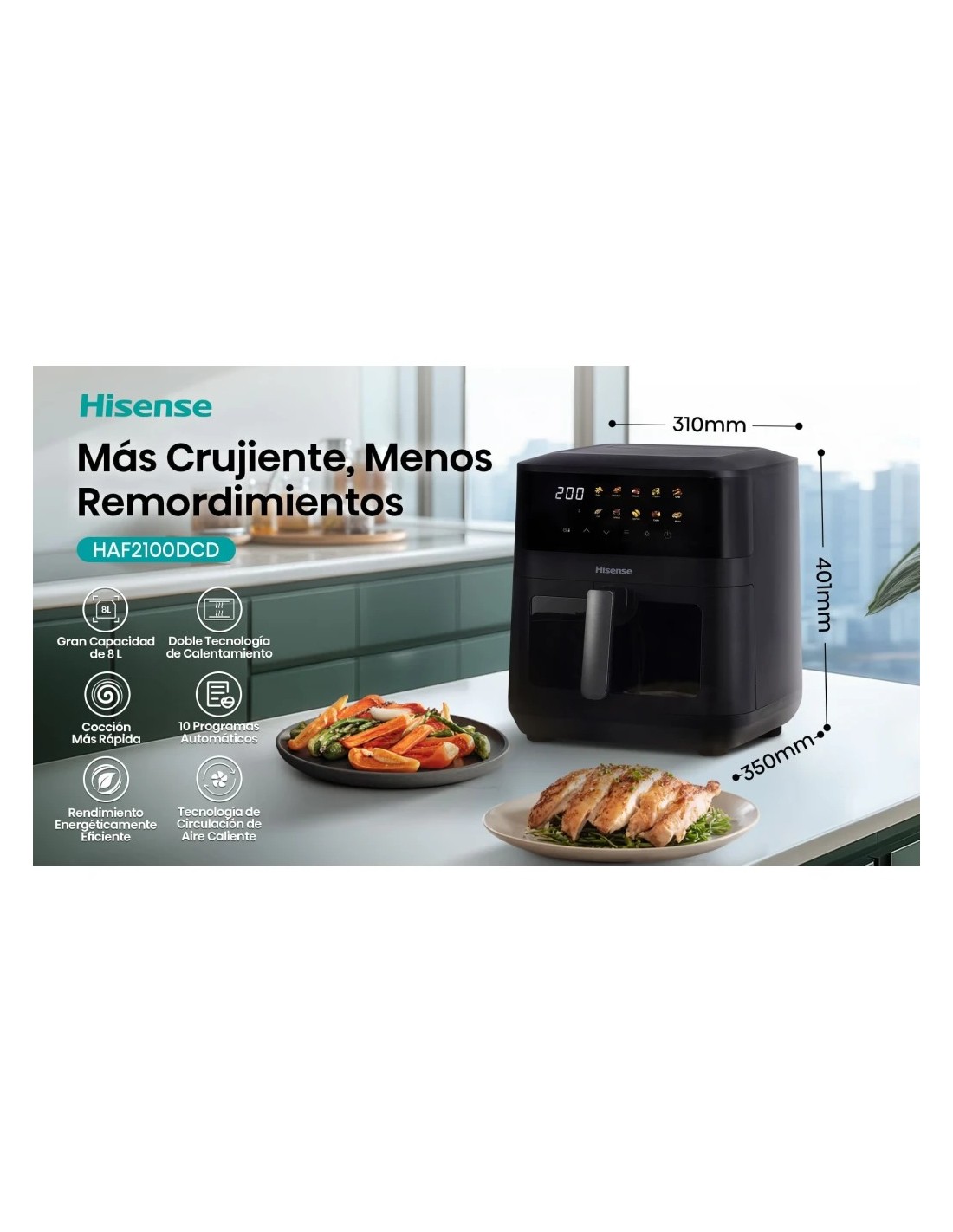 Freidora de aire Hisense HAF2100DCD 7,7L 2100W 10 programas pantalla t