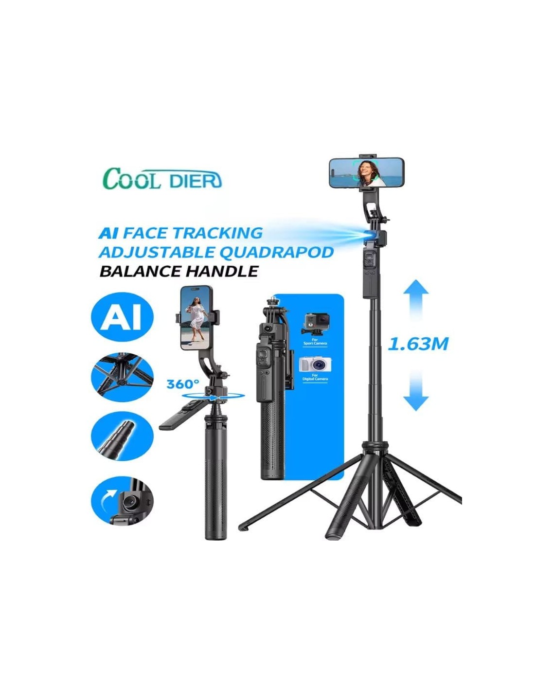 Palo Selfie C17 con seguimiento facial IA extensible hasta 1,63 metros