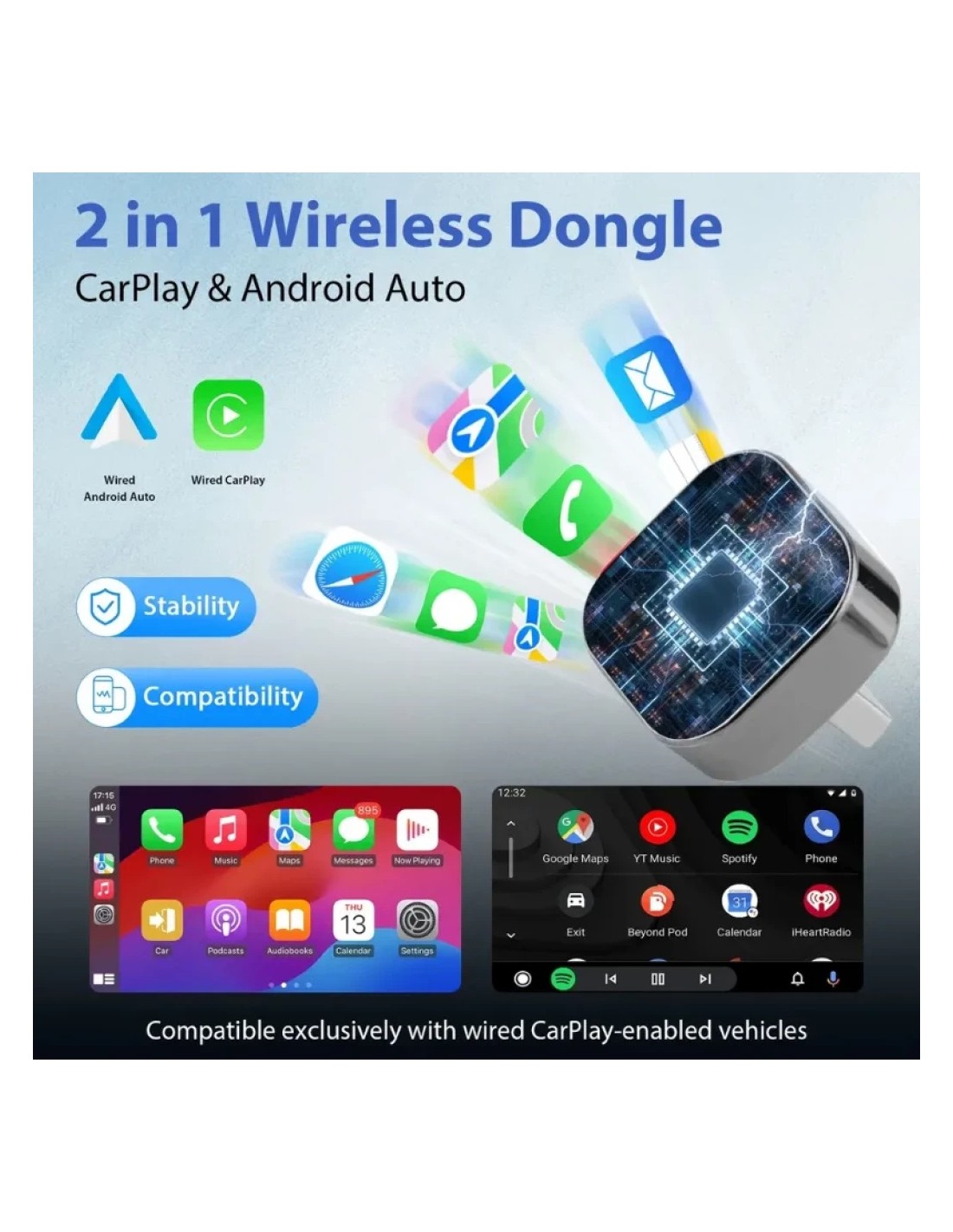 Adaptador inalámbrico Carplay y Android Auto Pionray 2026 WiFi Bluetoo