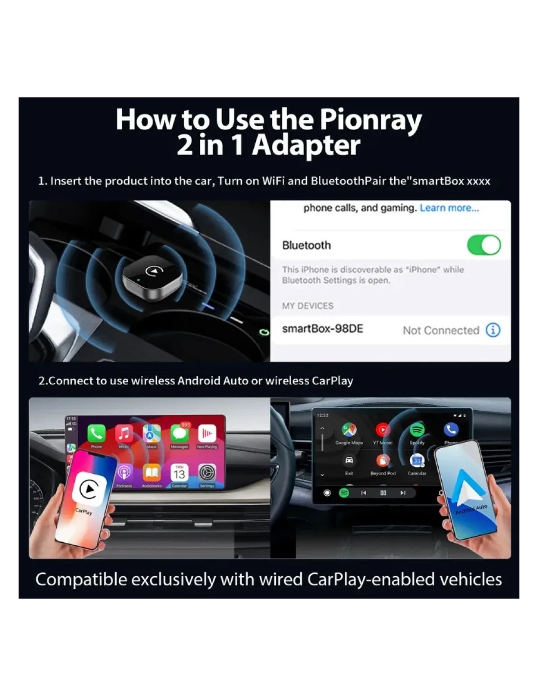 Adaptador inalámbrico Carplay y Android Auto Pionray 2026 WiFi Bluetoo