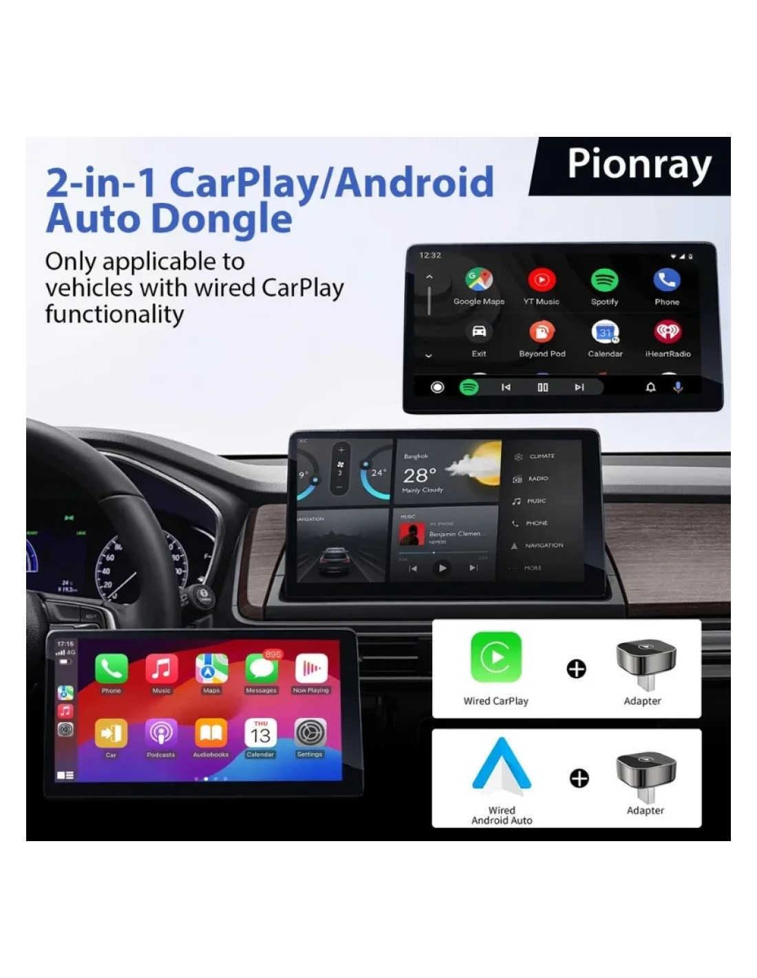 Adaptador inalámbrico Carplay y Android Auto Pionray 2026 WiFi Bluetoo