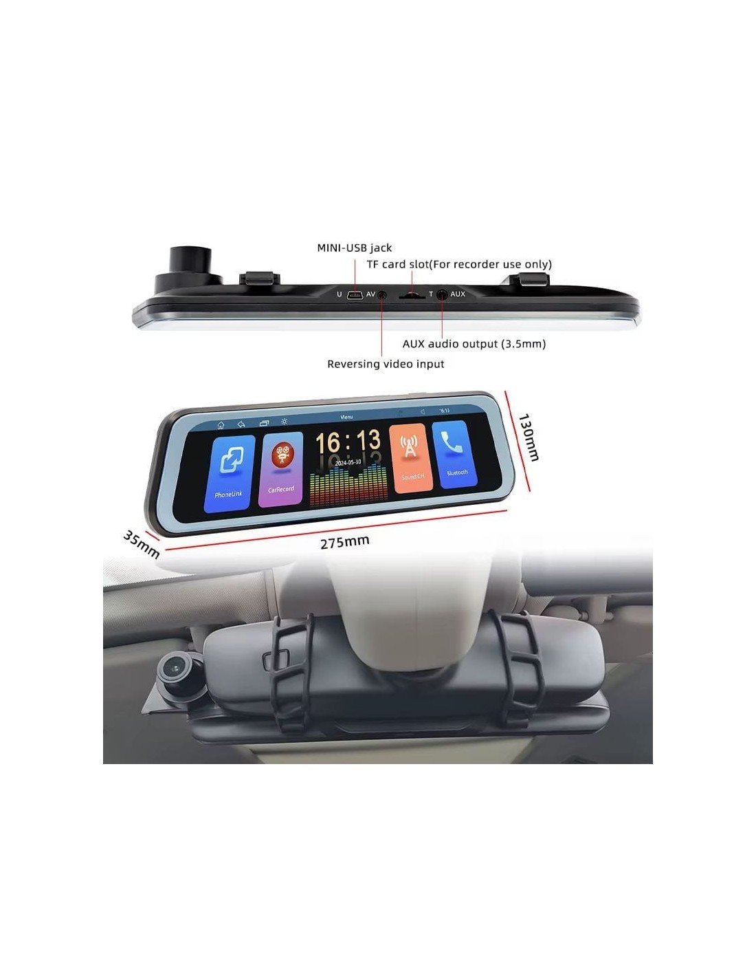 SWM B5319R 9,36 pulgadas Carplay/Android Auto Negro Retrovisor inalámb