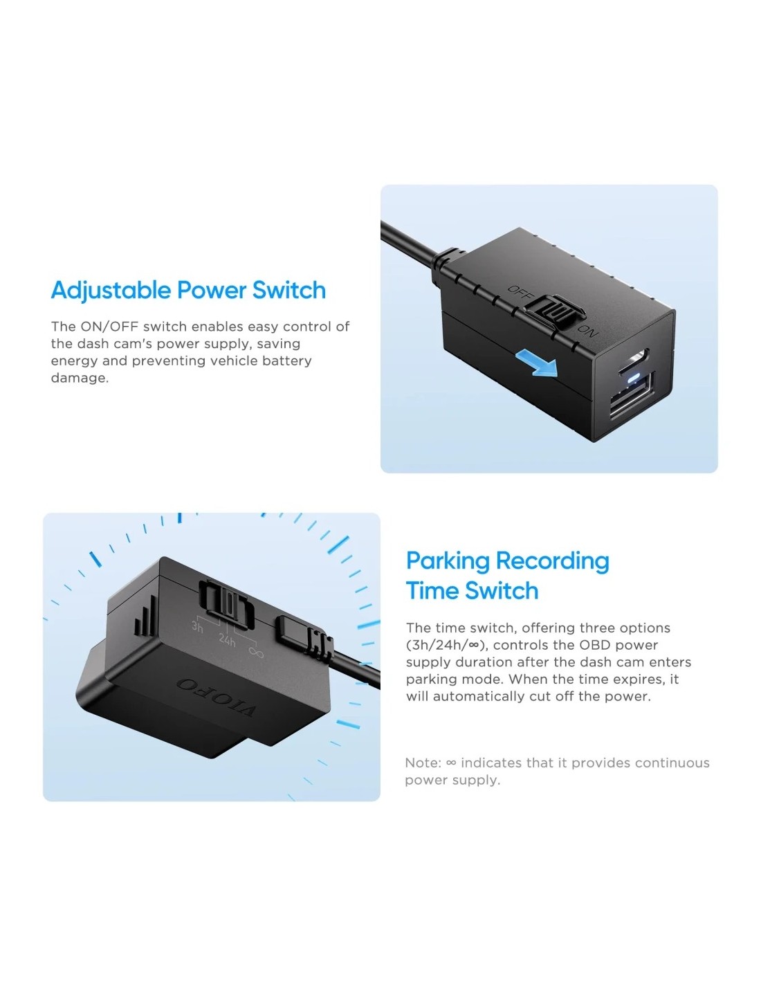 Cable OBD-II VIOFO OP100 12V/24V Vigilancia Aparcamiento 24h compatibl