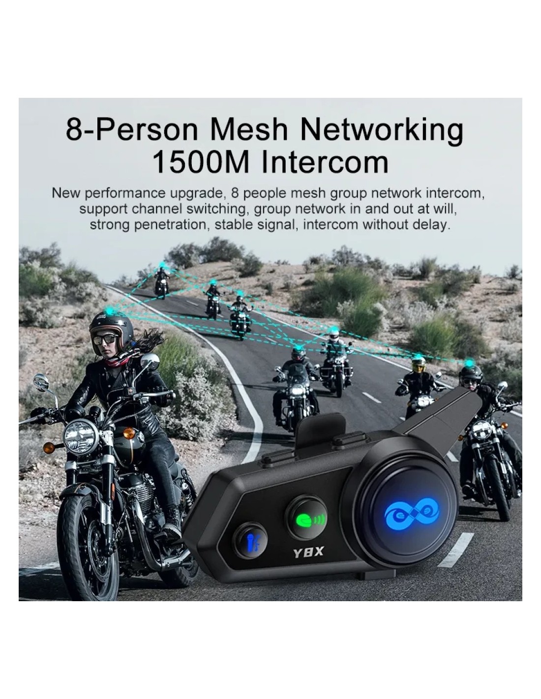 Intercomunicador para moto Y8X Mesh 8 conductores Bluetooth 5.4 IP56 1