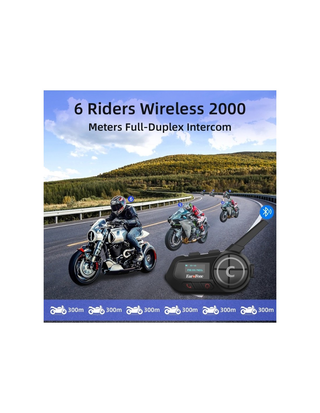 Intercomunicador para moto EuroFone S6-SC-B Full Duplex para 6 conduct
