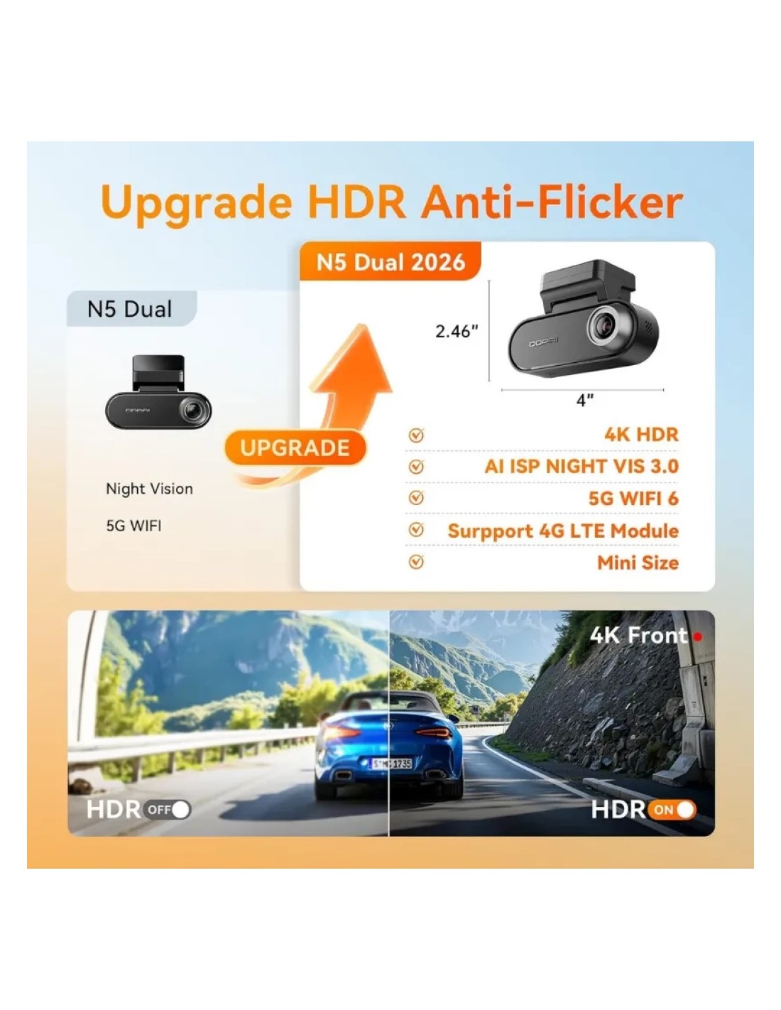Dashcam DDPAI N5 Dual 2026 2CH 4K con módulo 4G trasera Full HD WiFi 5