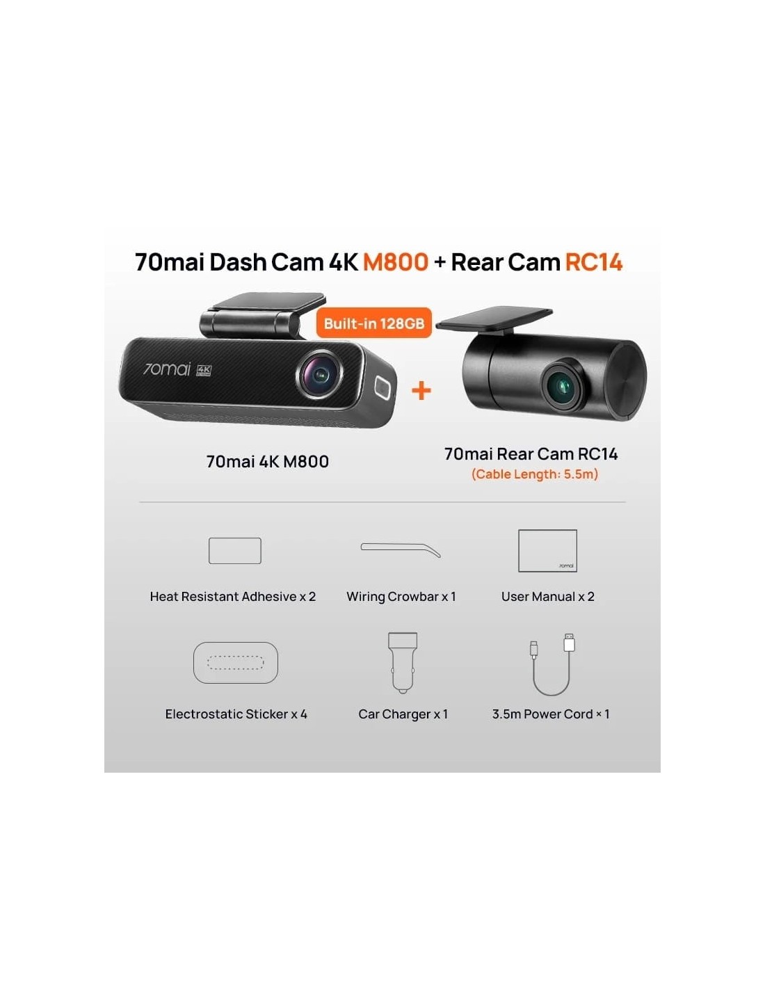 70mai M800 4K HDR visión nocturna Dashcam + Camara Trasera 70mai RC14