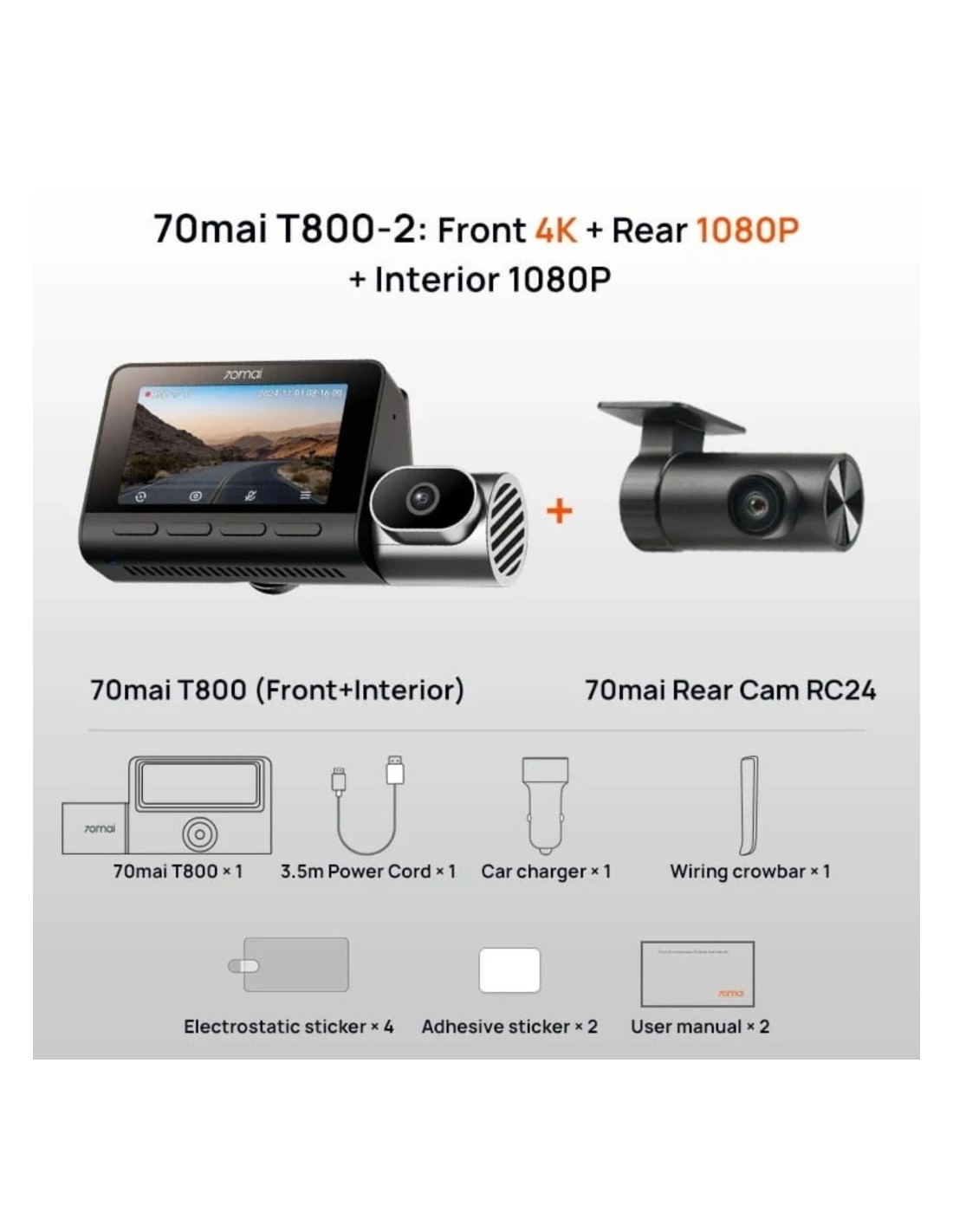 70mai 4K T800 HDR supercondensador WiFi 5GHz 3 pulgadas Dashcam + Cáma