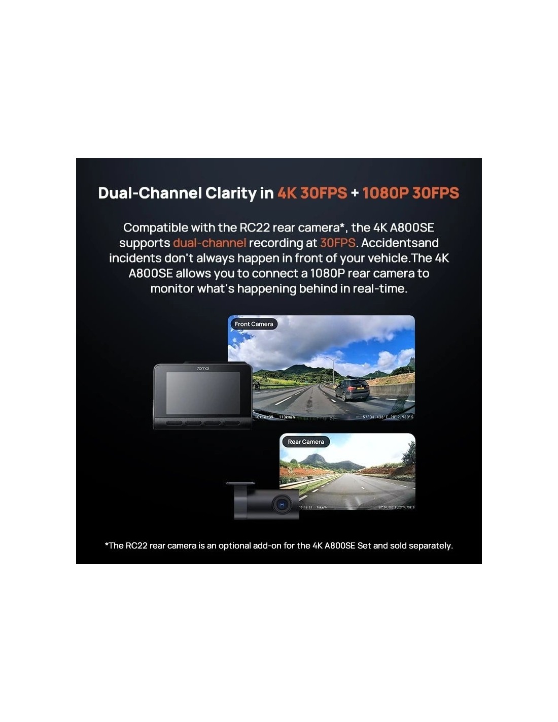 70mai 4K A800SE HDR supercondensador Dashcam + Camara Trasera 70mai RC